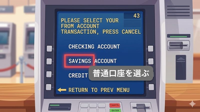 ATM画面から普通口座を選ぶ