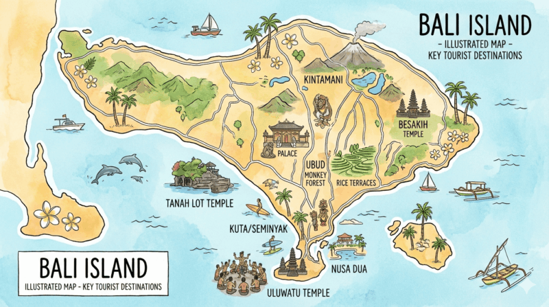 バリ島主要観光エリア俯瞰イラストマップ（ウブド・スミニャック・ウルワツ・ヌサドゥア・空港）