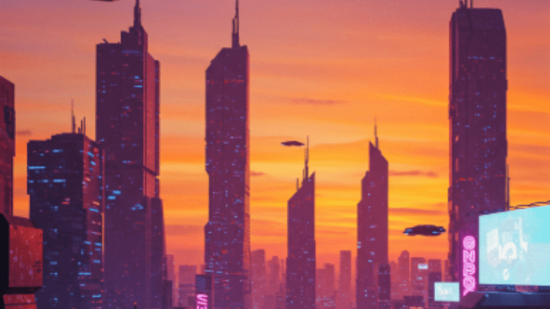 近未来、空飛ぶ自動車が高層ビルの合間を行きかう